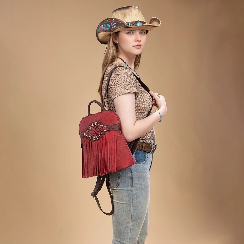 Trinity Ranch Aztec Tooled Fringe Concealed Carry Backpack Burgundy - Picture 4 of 6